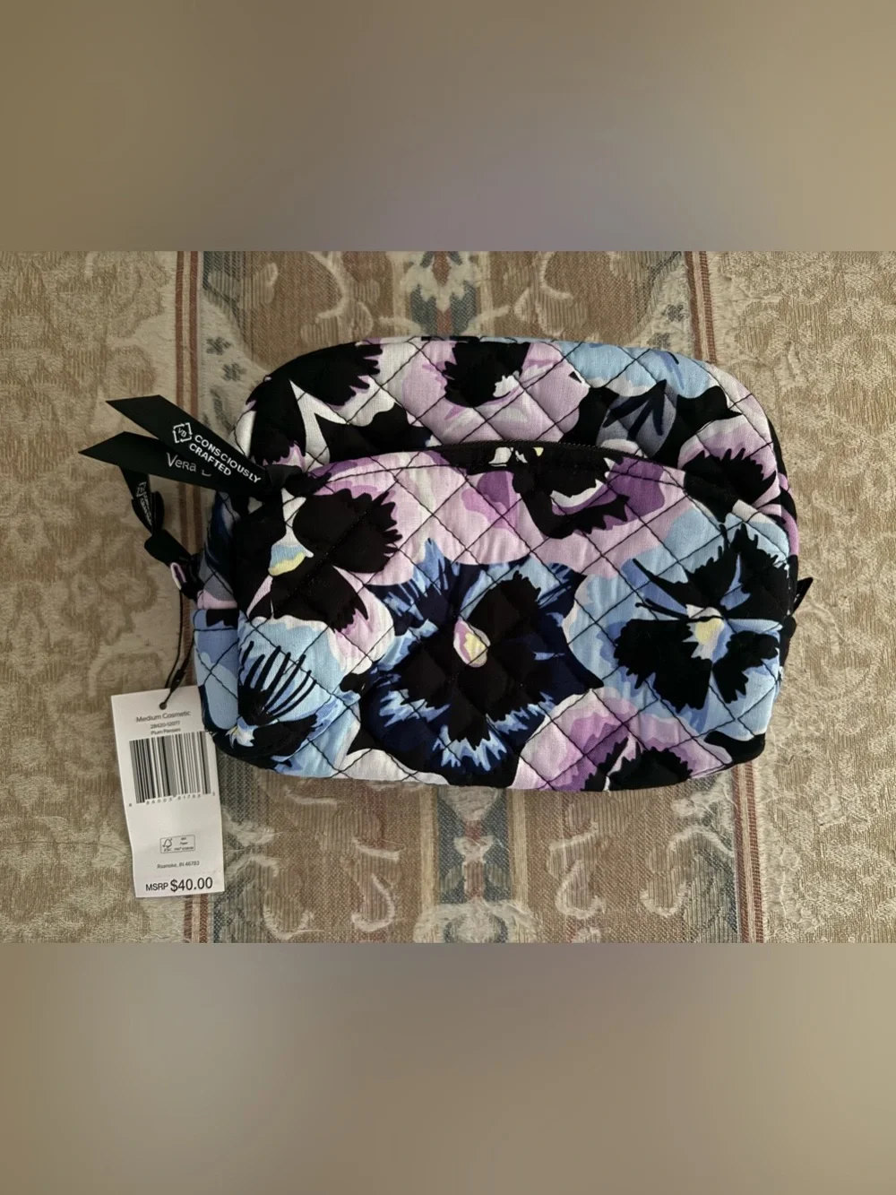 Vera Bradley medium cosmetic plum pansies NWT